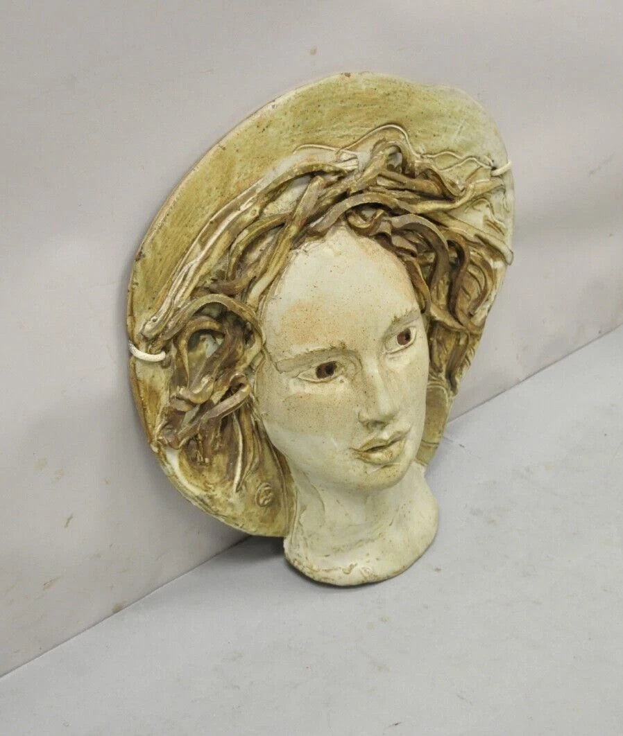 Vintage Mid Century Modern Artisan Studio Crafted Ceramic Self Portrait Wall Art