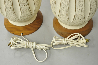 Vintage Mid Century Modern Sculpted White Ceramic & Teak Wood Table Lamps - Pair