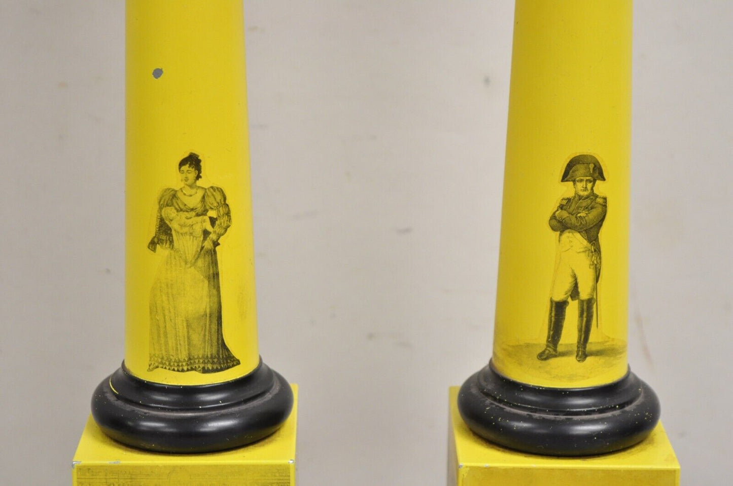 Antique Italian Regency Yellow Painted French Tole Metal Column Table Lamp Pair