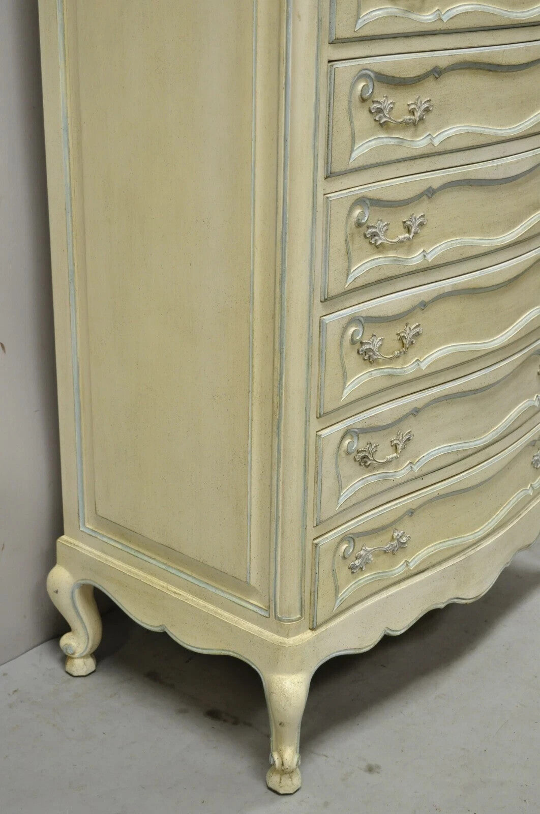 Vintage French Provincial Cream & Blue 9 Drawer Narrow 65" Tall Chest Dresser