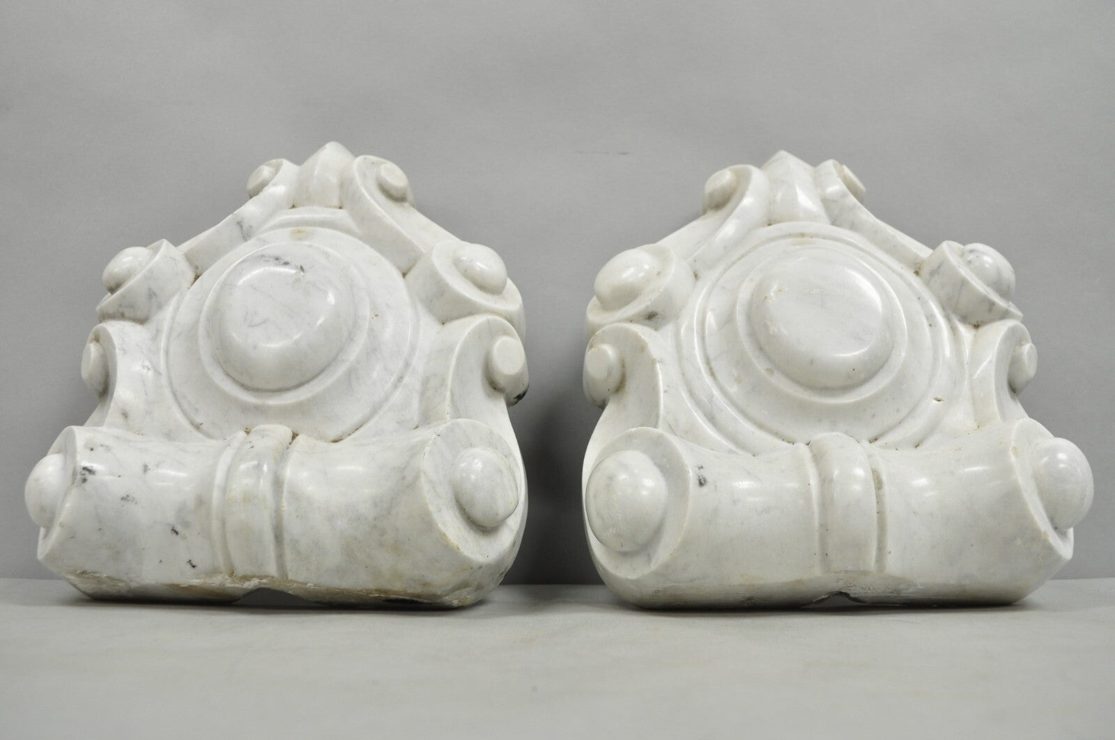 Antique Neoclassical Carved Marble Mantel Keystone Architectural Element - Pair