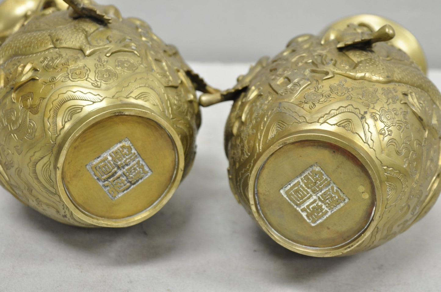 Vintage Japanese Dragon Relief Bronze Chinese 10" Oriental Flower Vase - a Pair