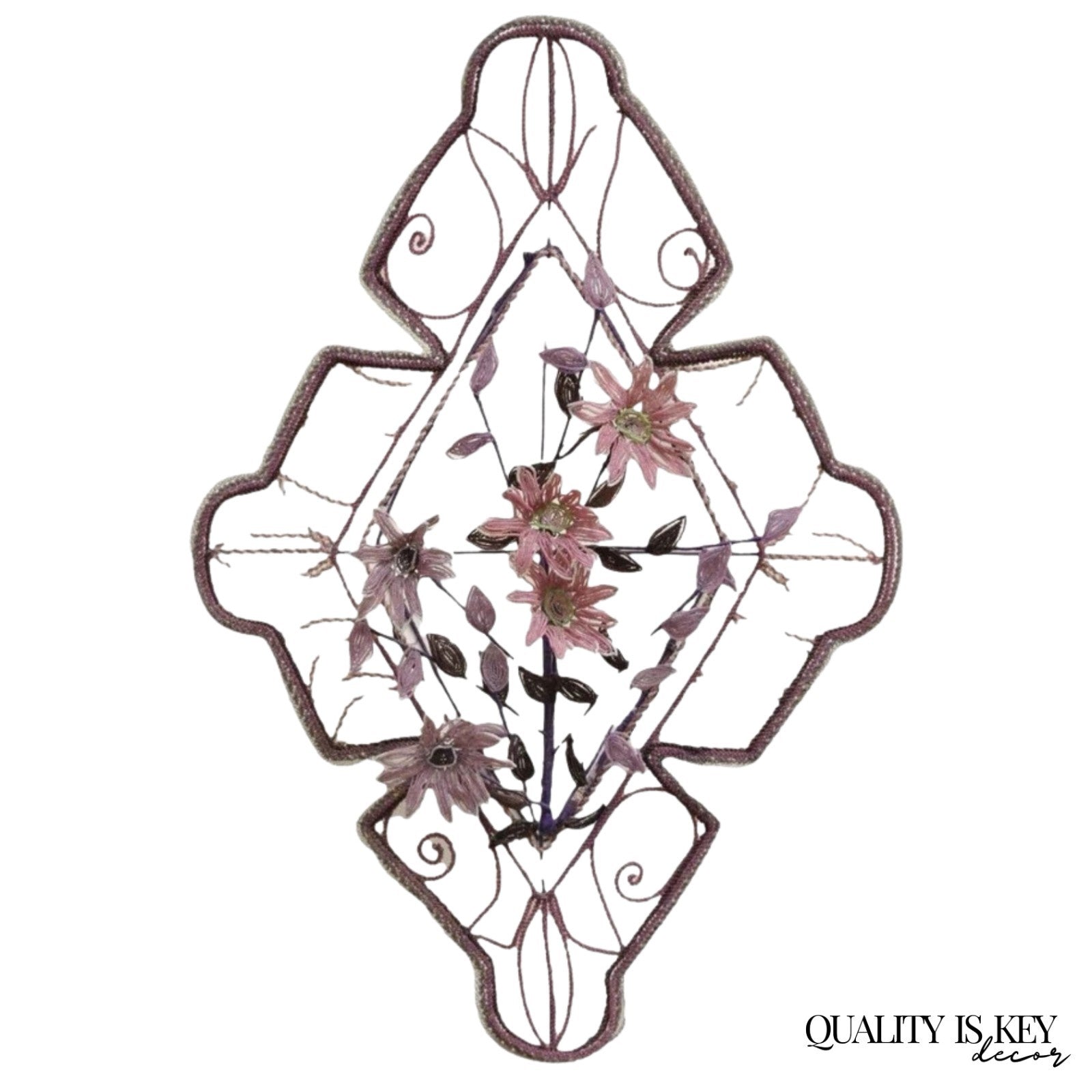 French Victorian Glass Beaded Purple Flower Casket Wreath Wall Art Sculpture (B)