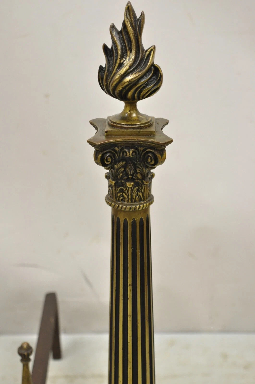 Antique French Empire Style Bronze Column Flame Finial Fireplace Andirons - Pair