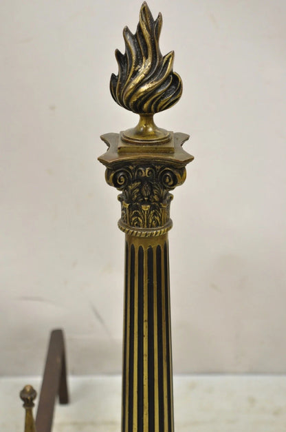 Antique French Empire Style Bronze Column Flame Finial Fireplace Andirons - Pair