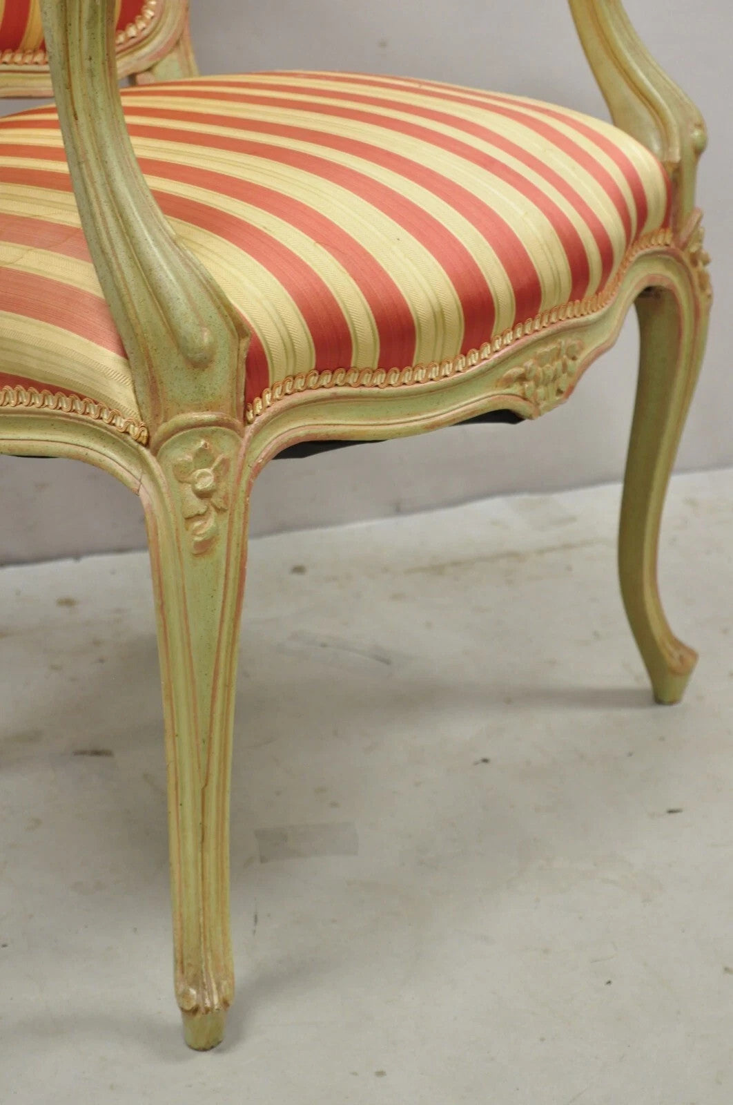 Vintage French Louis XV Style Green & Pink Painted Arm Chair w/ Striped Fabric