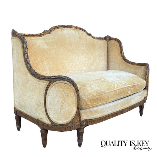 Antique French Louis XVI Style Gold Carved Giltwood Canape Cameo Settee Sofa