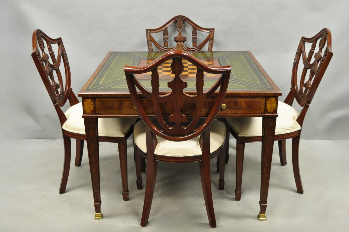 Maitland Smith Marquetry Inlay Leather Mahogany Game Table & 4 Shield Back Chair
