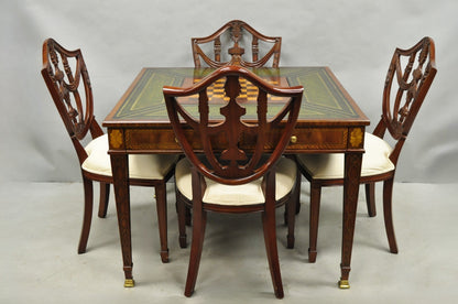 Maitland Smith Marquetry Inlay Leather Mahogany Game Table & 4 Shield Back Chair