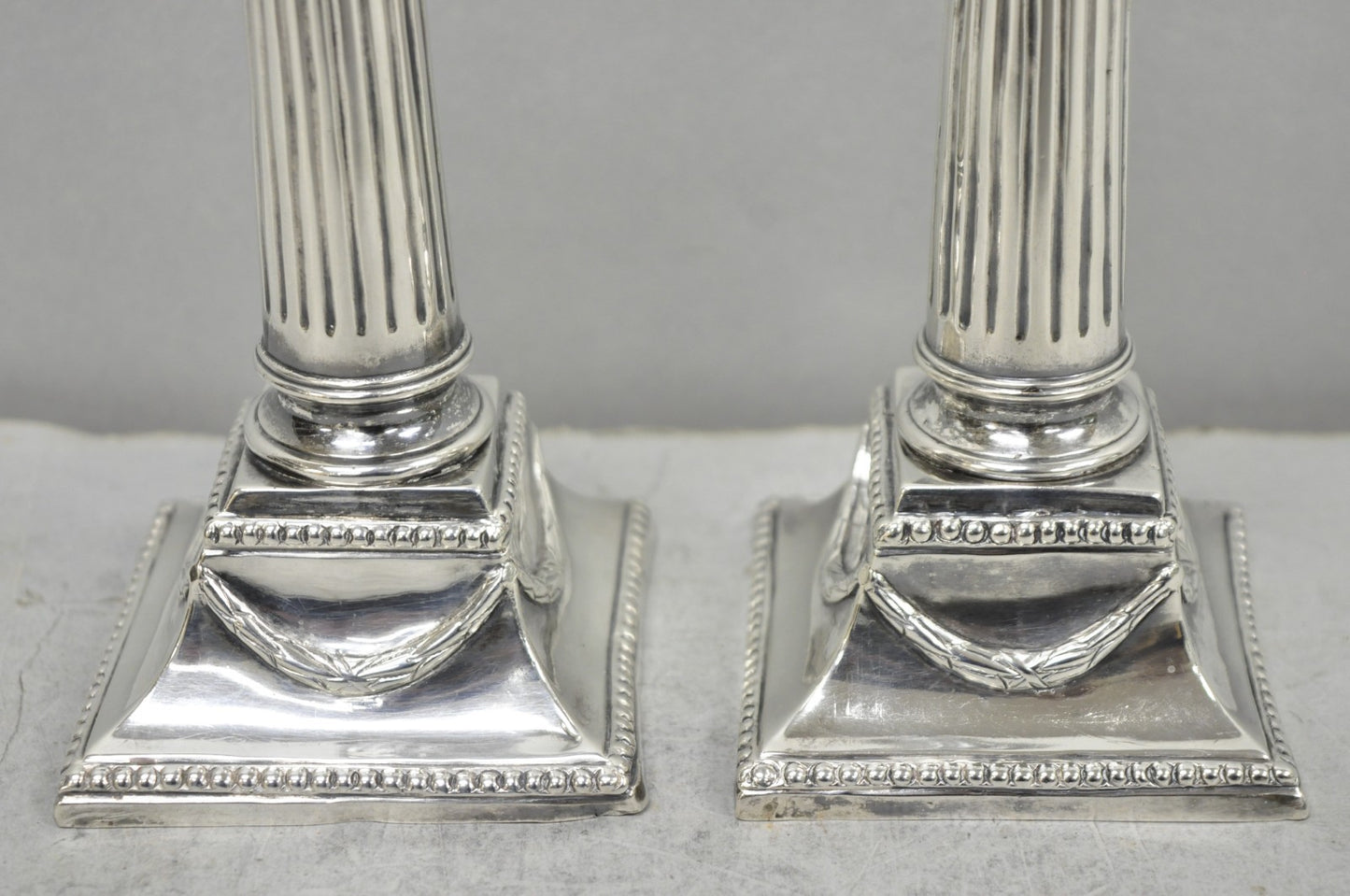 Vintage English Regency Silver Plated Classical Column Small Candlesticks - Pair