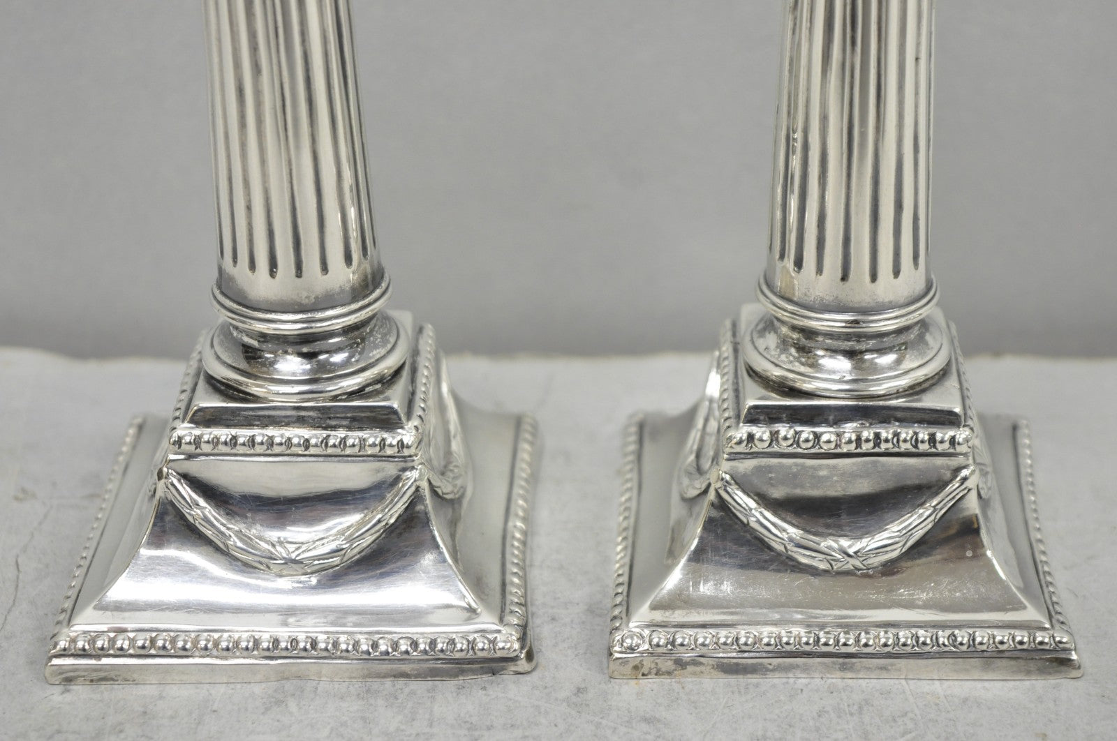 Vintage English Regency Silver Plated Classical Column Small Candlesticks - Pair