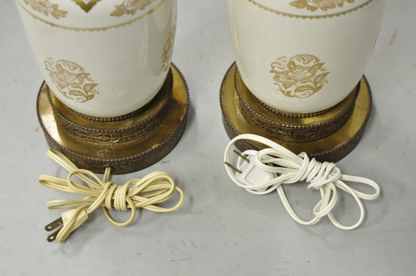 Vintage Victorian Cream & Gold Gilt Porcelain Table Lamps attr Lenox - a Pair