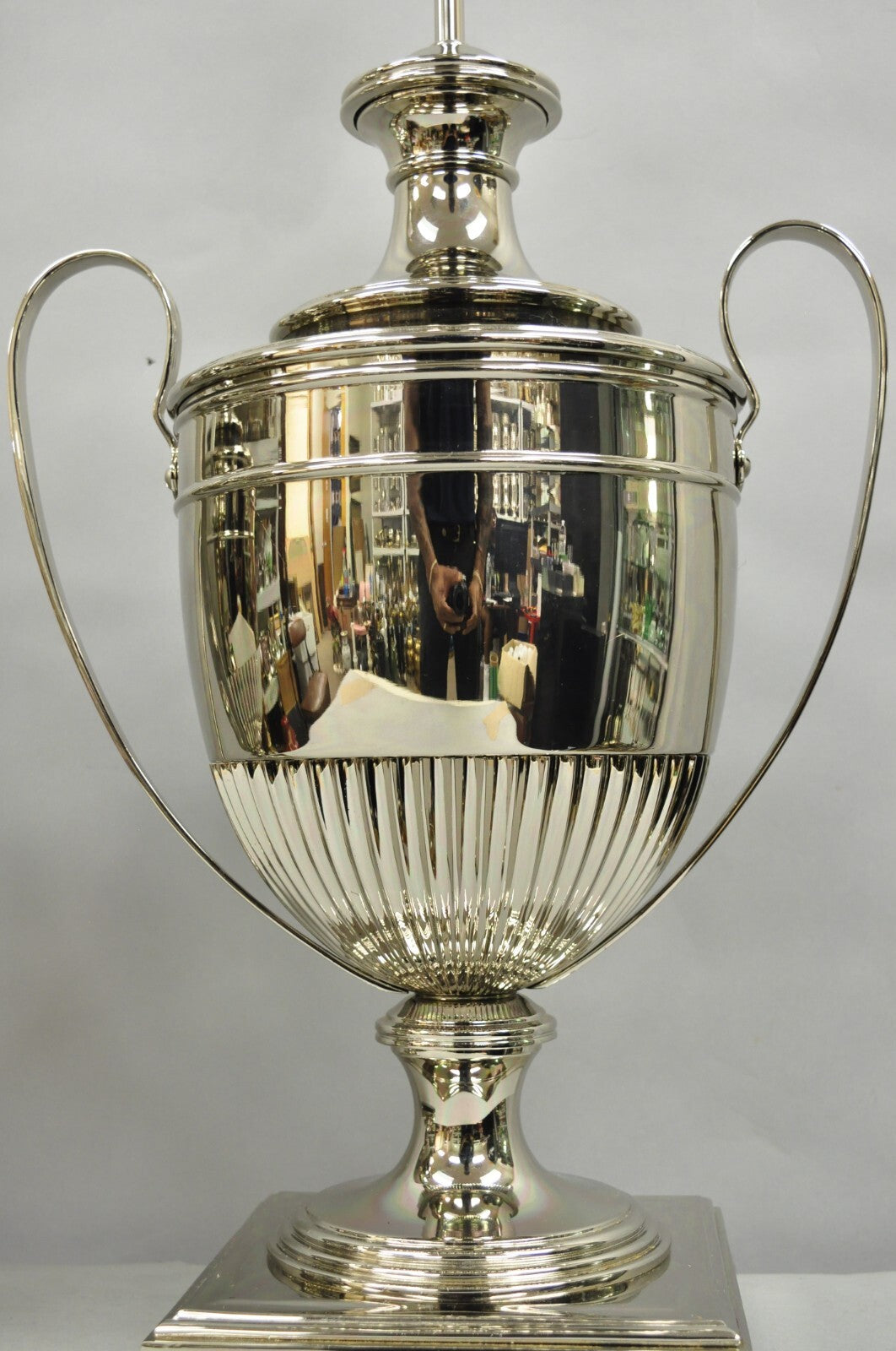 English Regency Style French Empire Silver Plated Large Urn Table Lamps - Pair