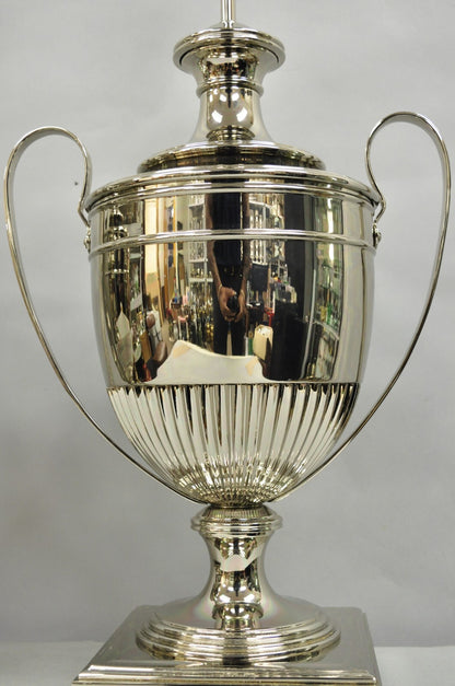 English Regency Style French Empire Silver Plated Large Urn Table Lamps - Pair