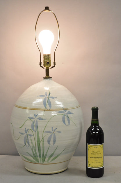 Vintage French Country Large Blue Flower Stoneware Pottery Vase Table Lamp