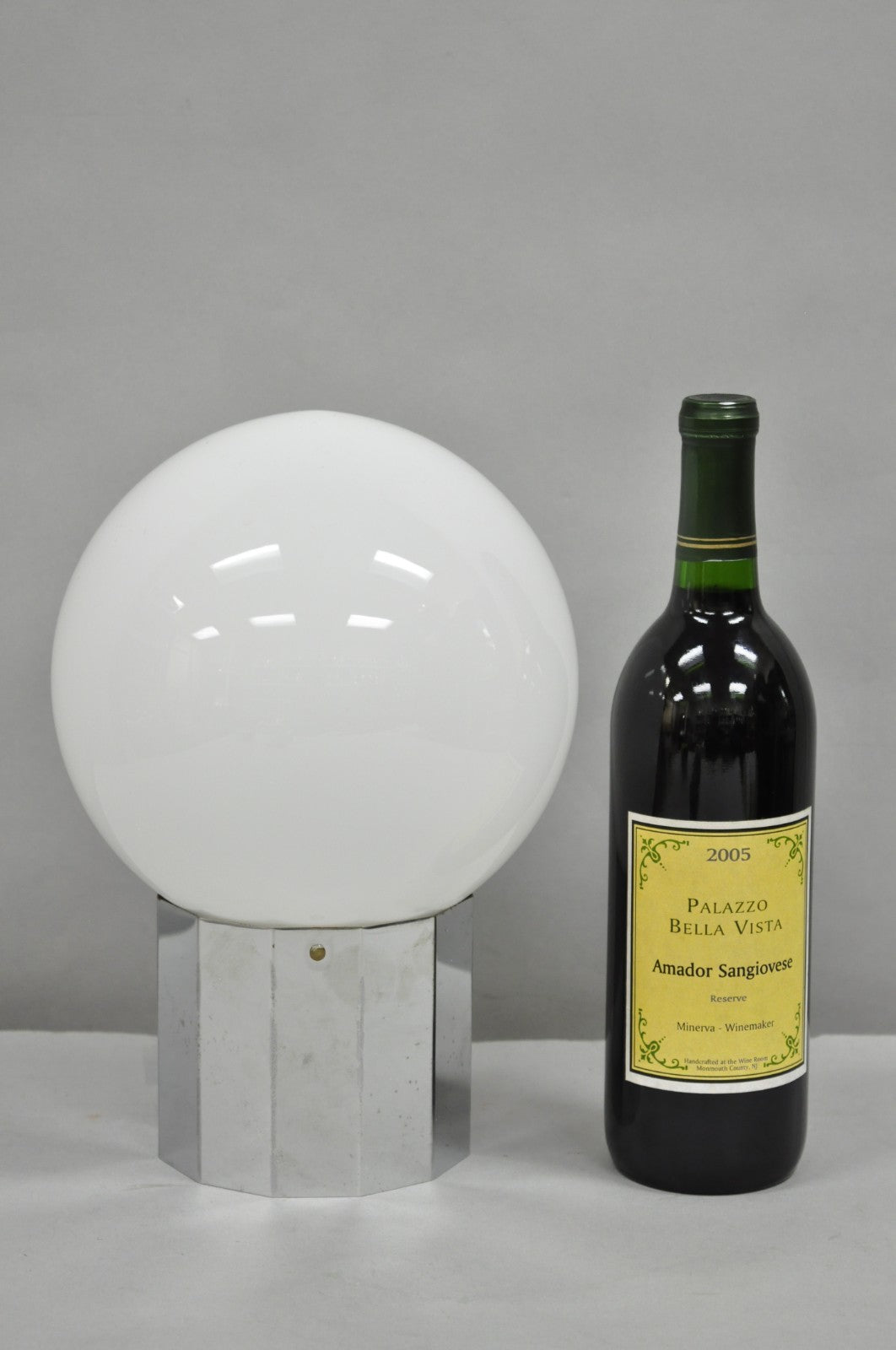 Vintage Mid Century Modern Faceted Chrome Base White Glass Ball Small Table Lamp