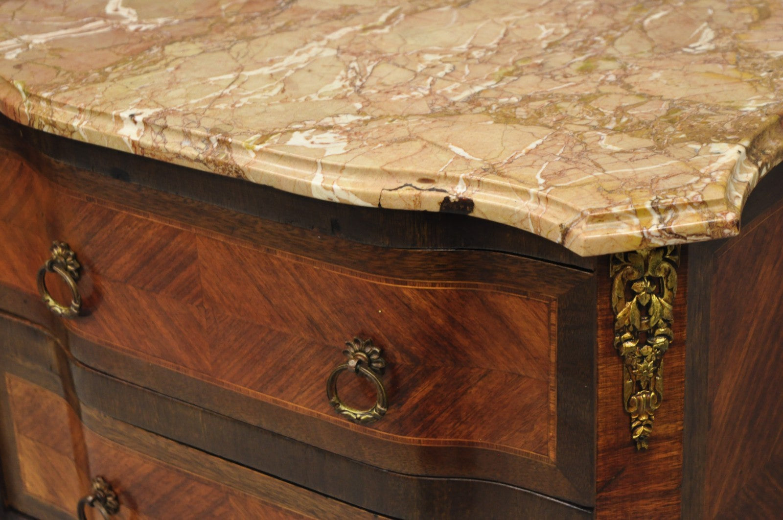 Antique French Louis XV Marquetry Inlay Marble Top Bombe Nightstand Side Table