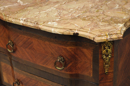 Antique French Louis XV Marquetry Inlay Marble Top Bombe Nightstand Side Table
