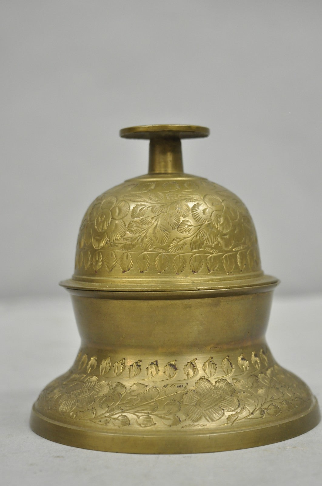 Vintage Anglo Indian Solid Brass Elephant Claw Engraved Dinner Bell on Stand