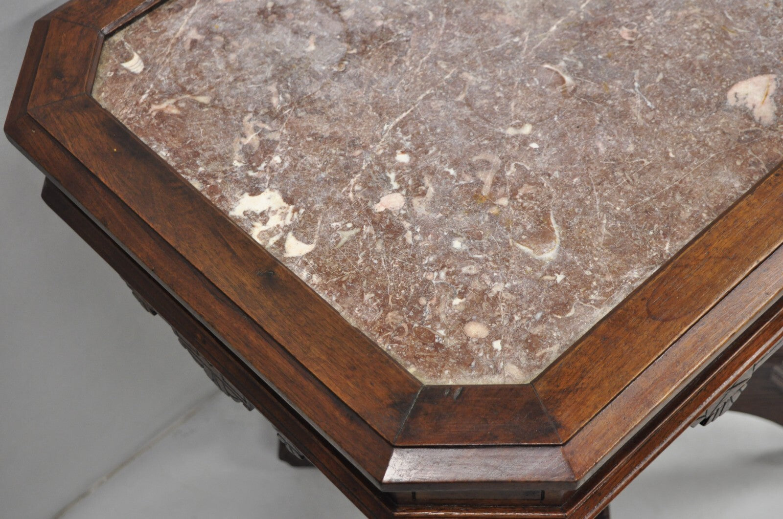 Antique Aesthetic Movement Victorian Carved Walnut Marble Top Parlor Side Table