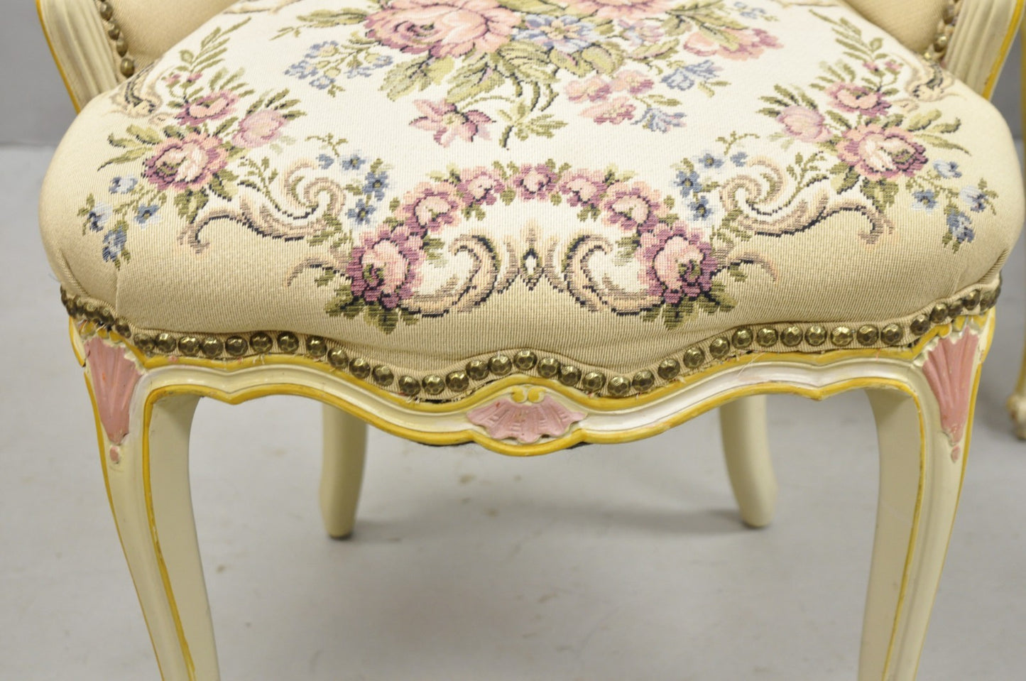 Vintage French Louis XV Style Cream & Pink Painted Boudoir Slipper Chair - Pair