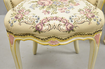 Vintage French Louis XV Style Cream & Pink Painted Boudoir Slipper Chair - Pair