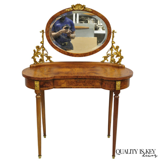 Antique French Louis XVI Burlwood Kidney Shaped Vanity Dressing Table w/ Mirror