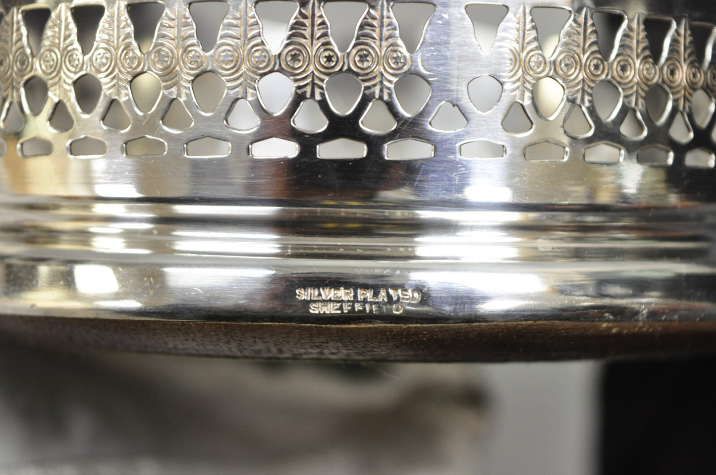 Vintage Sheffield Edwardian Silver Plated Fretwork Mahogany Wine Bottle Coaster