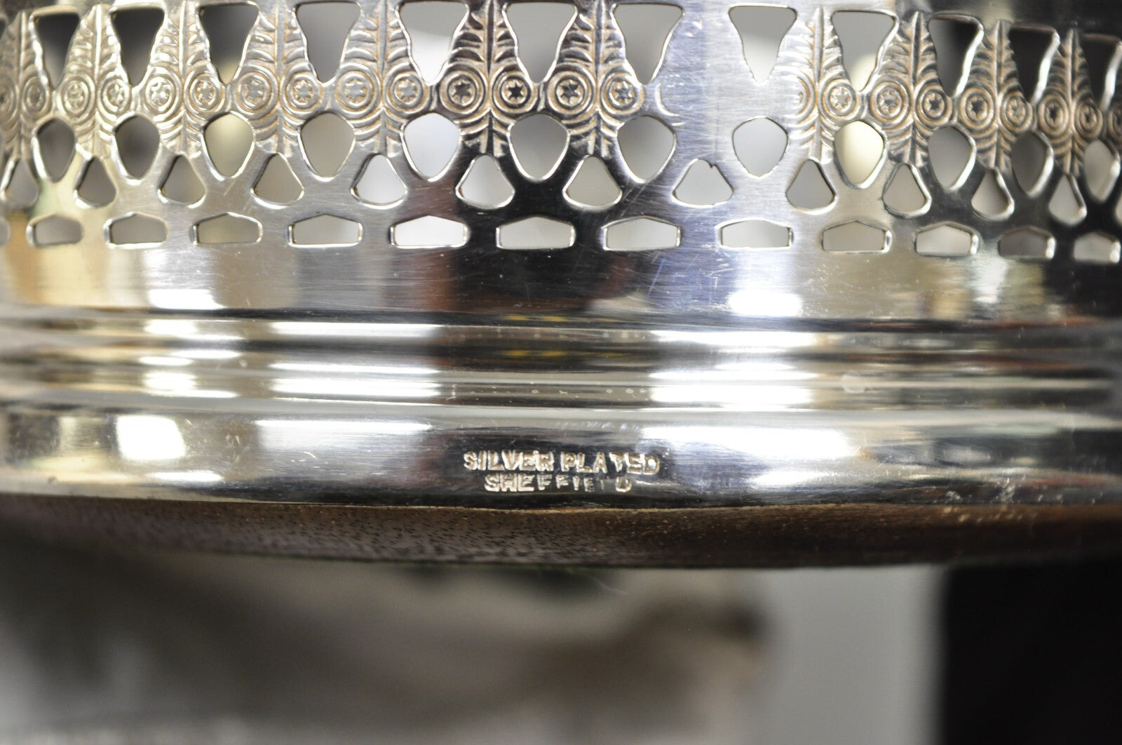 Vintage Sheffield Edwardian Silver Plated Fretwork Mahogany Wine Bottle Coaster
