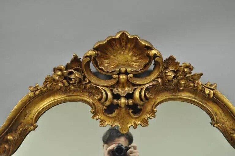 Vintage French Rococo Louis XV Style Shell Carved 65" Large Gold Wall Mirror