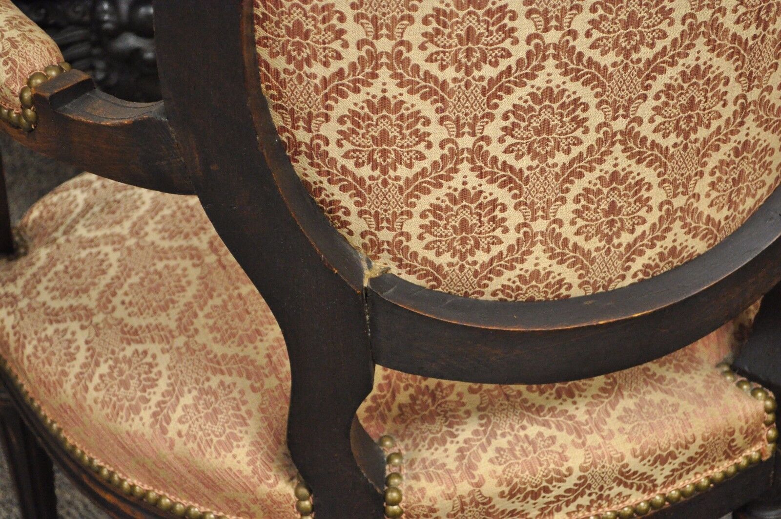 Antique French Louis XVI Style Bow Carved Walnut Fauteuil Fireside Arm Chair vtg