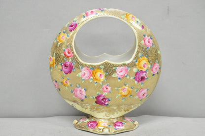 Antique Japanese Nippon Hand Painted Porcelain Gold Gilt Handle Moon Basket Vase