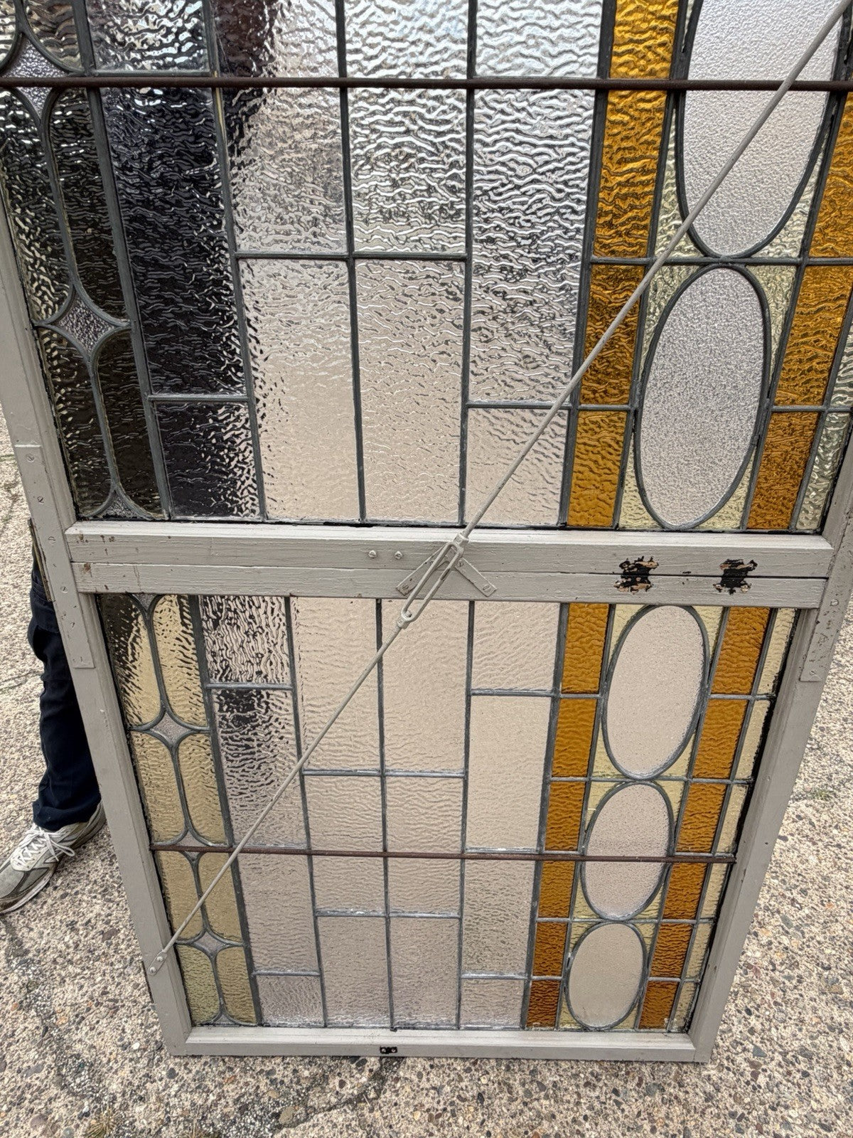 Antique Victorian Amber Stained Leaded Glass Double Window Converted to Door