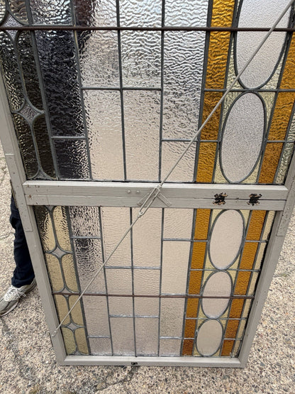 Antique Victorian Amber Stained Leaded Glass Double Window Converted to Door