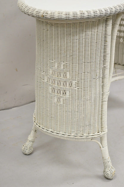 Antique Victorian White Wicker Rattan Console Hall Side Table