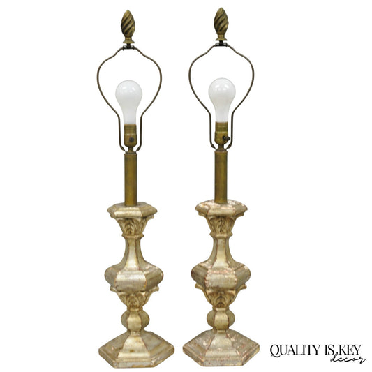 Italian Hollywood Regency Silver Carved Giltwood Candlestick Table Lamps a Pair