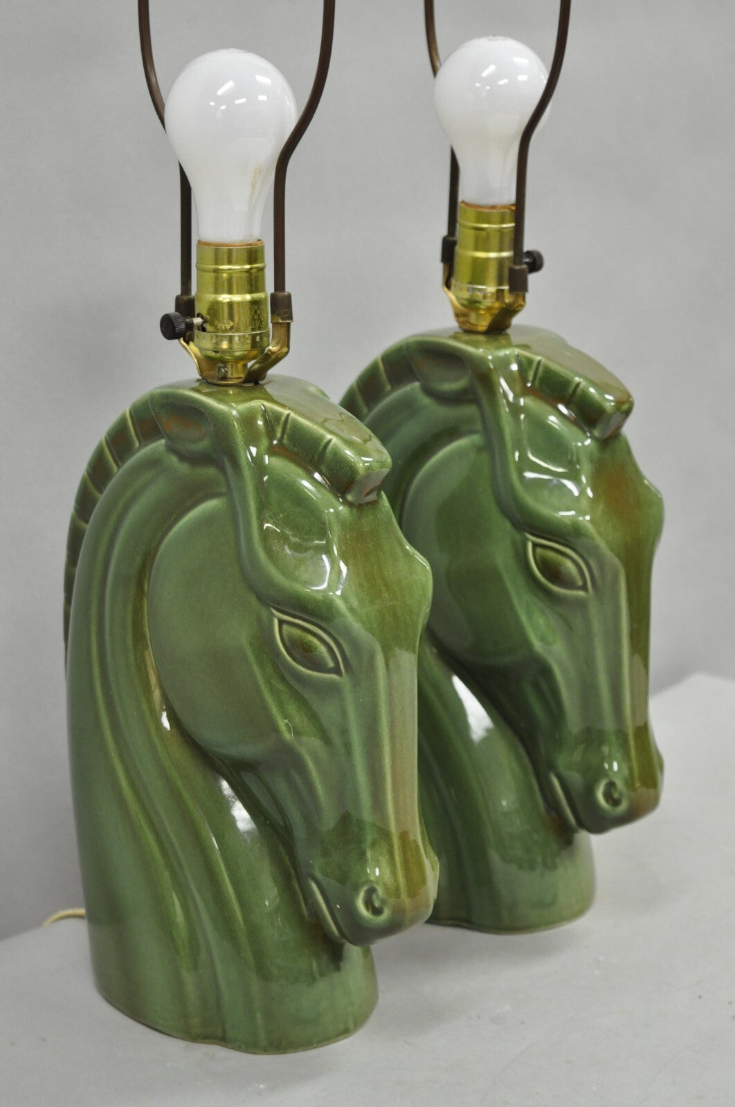 Vintage Mid Century Modern Green Glazed Ceramic Horse Head Table Lamps - a Pair