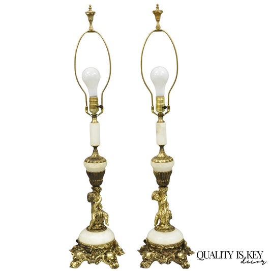 Vintage French Renaissance Rococo Alabaster & Brass Cherub Table Lamps - a Pair