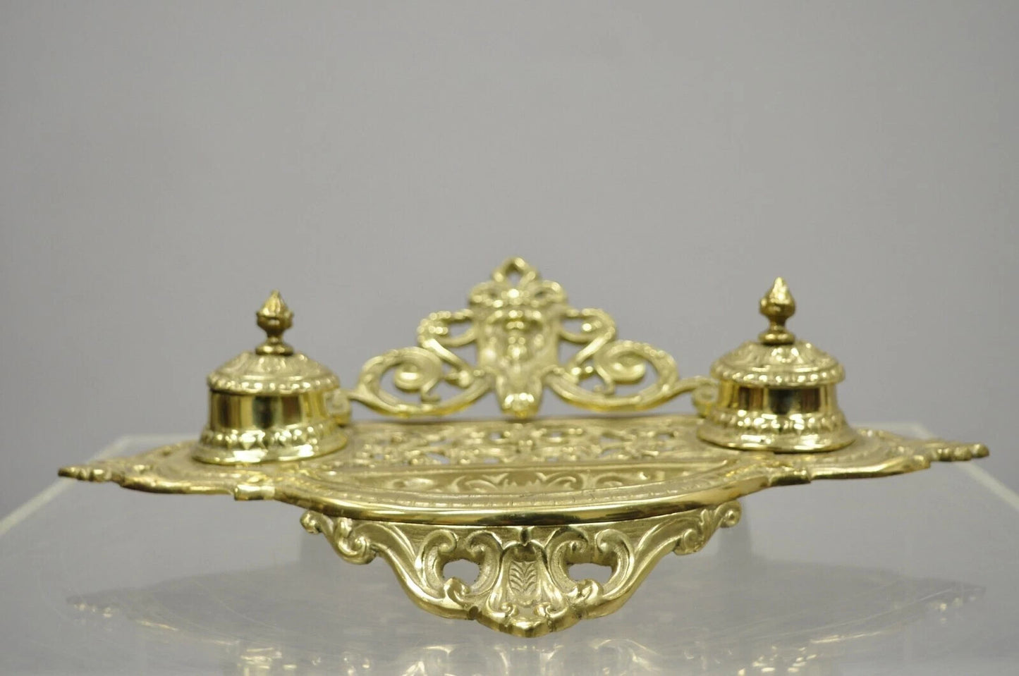 Vintage Renaissance Victorian Style Brass Lion Head Double Pen Desk Inkwell