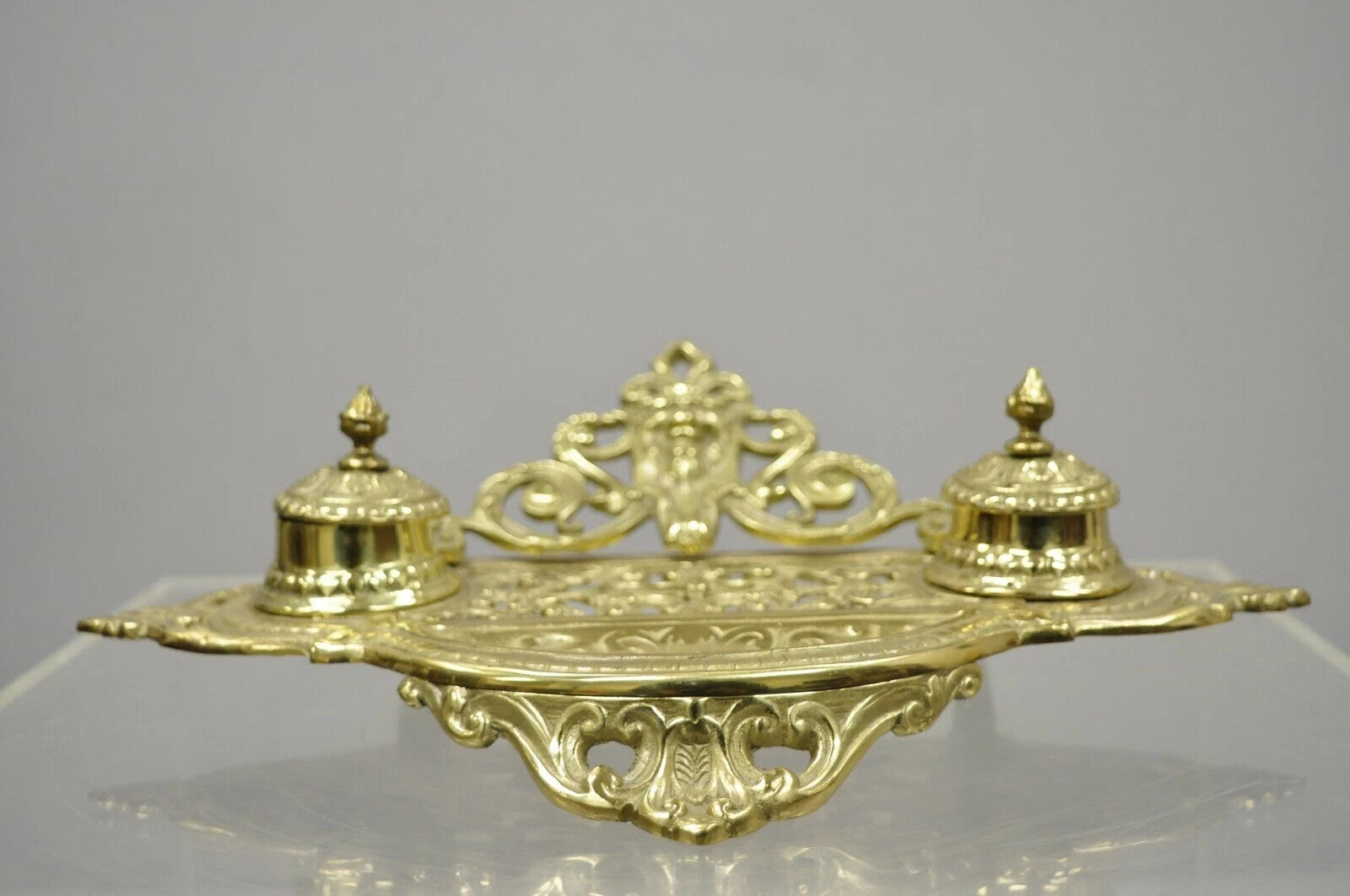 Vintage Renaissance Victorian Style Brass Lion Head Double Pen Desk Inkwell