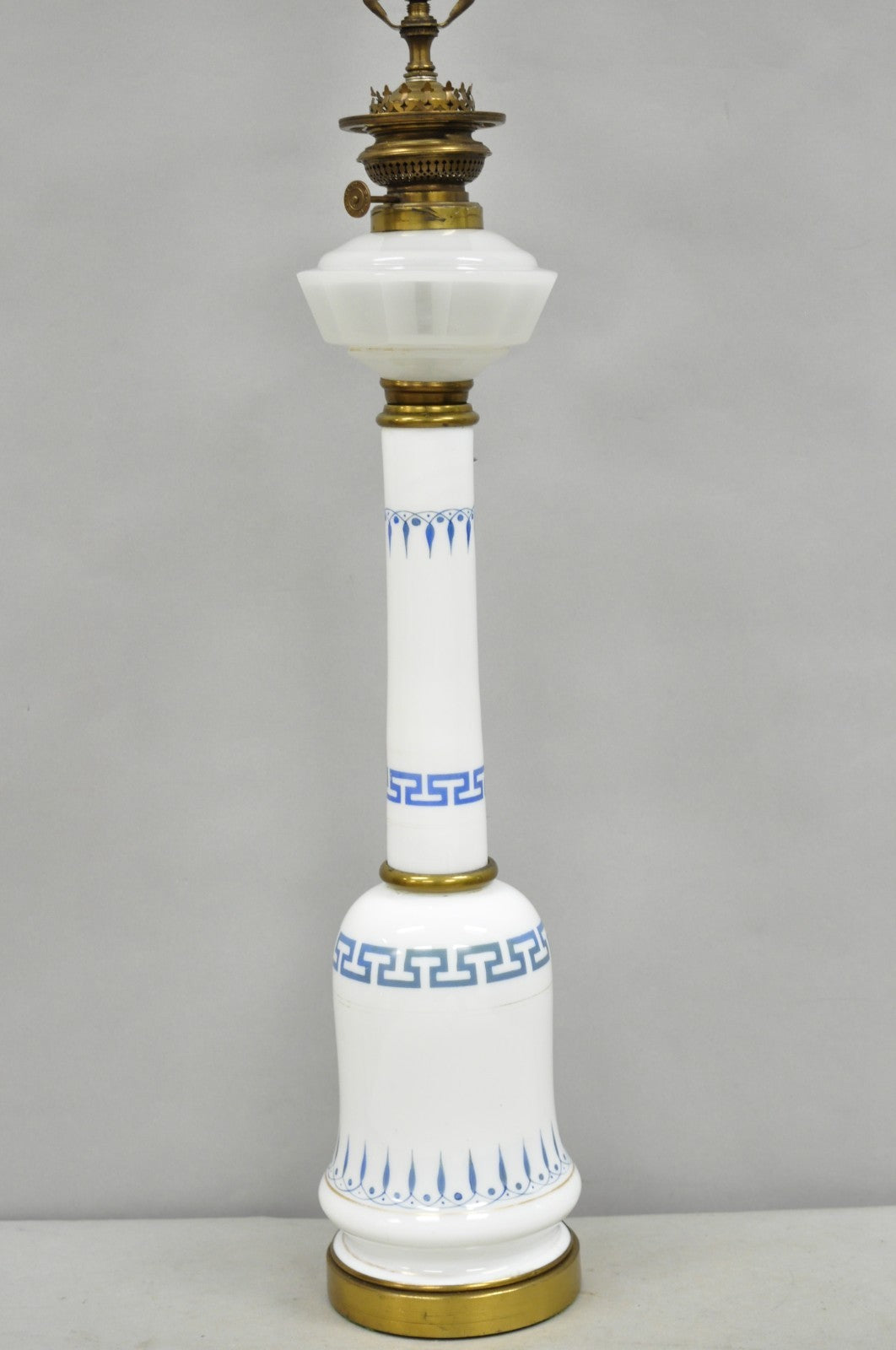 Vintage Italian Neoclassical White Milk Glass Column Blue Greek Key Table Lamp