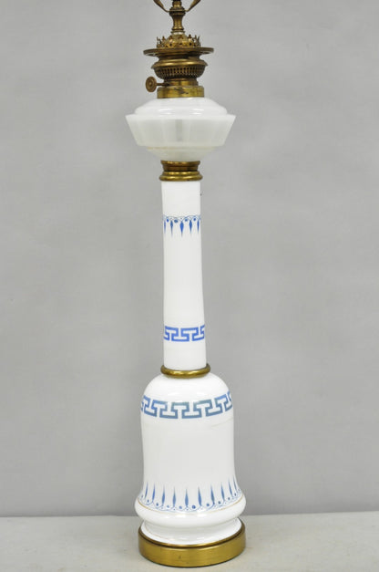 Vintage Italian Neoclassical White Milk Glass Column Blue Greek Key Table Lamp