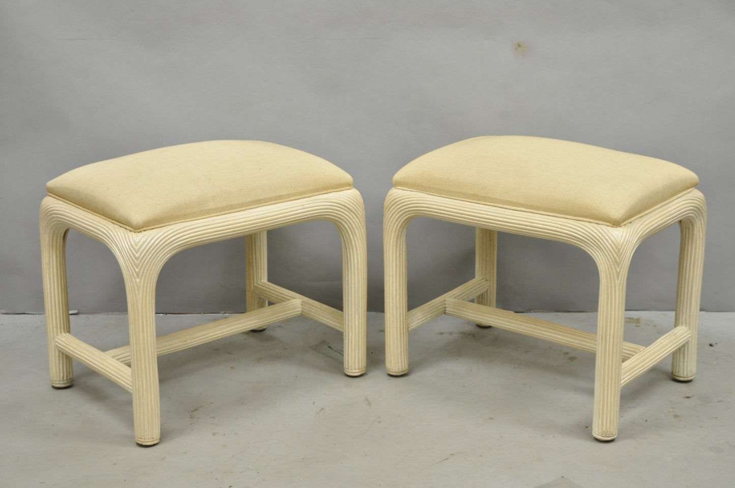 Vintage Hollywood Regency Rattan Pencil Reed Stools by American Drew - a Pair
