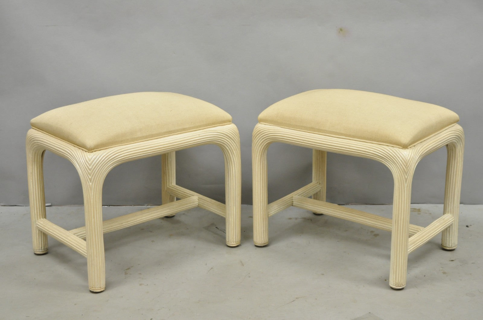 Vintage Hollywood Regency Rattan Pencil Reed Stools by American Drew - a Pair