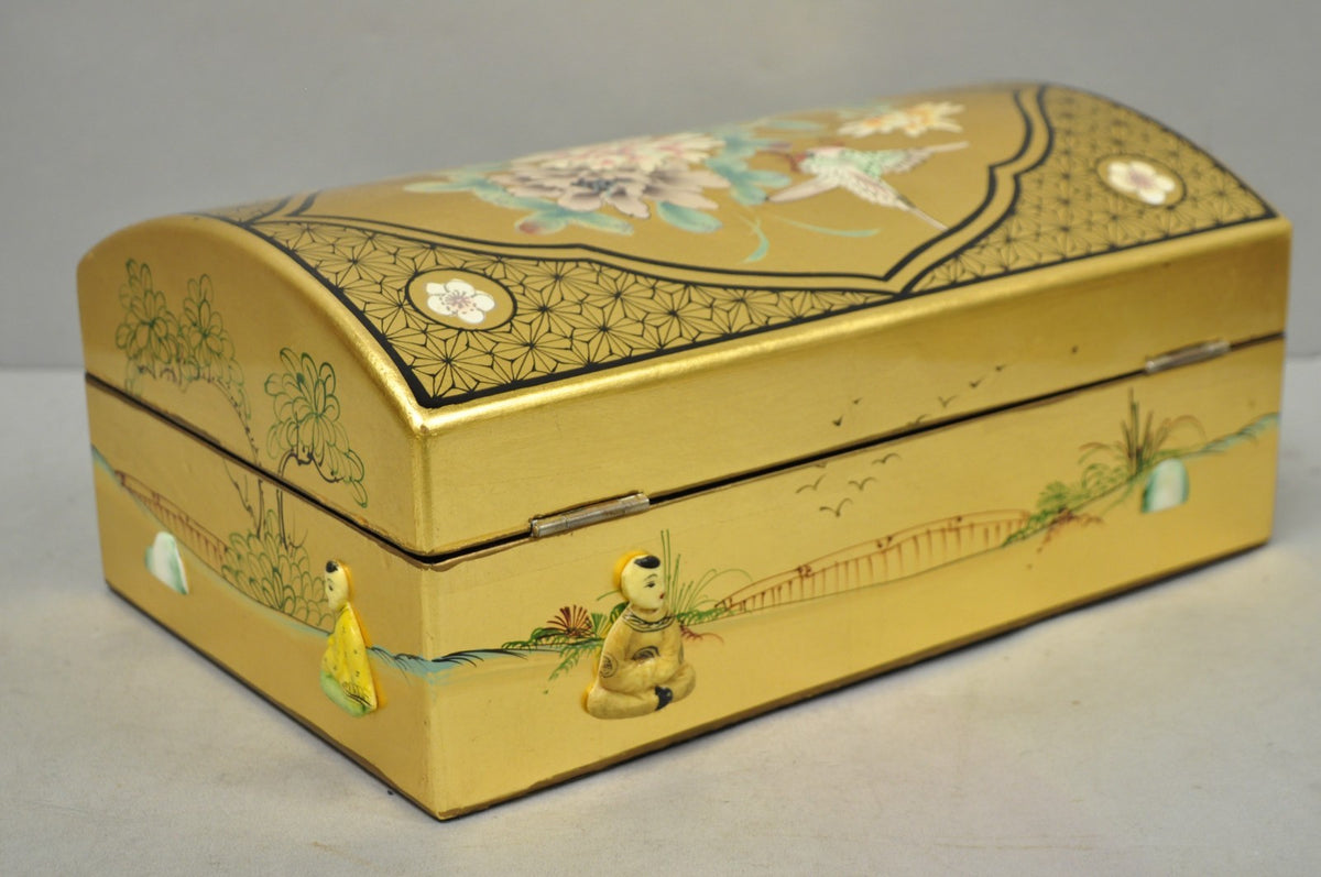 Vintage Chinese Oriental Gold Leaf Dome Lid Jewelry Box w/ Soapstone Figures