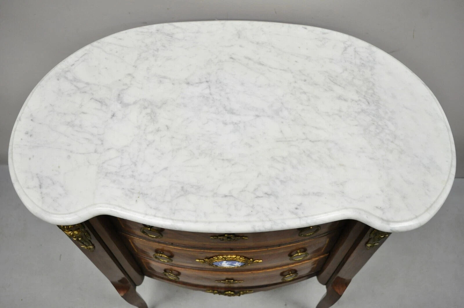 Antique French Louis XV Style Marble Top Bronze Ormolu Bombe Commode Nightstand