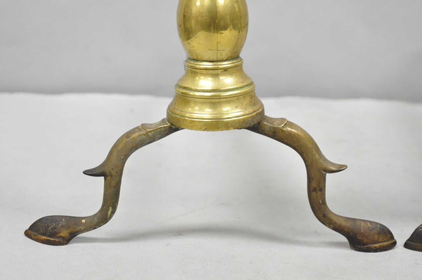 Antique English Colonial Brass Cannonball Branch Leg Andirons w/ Patina - a Pair