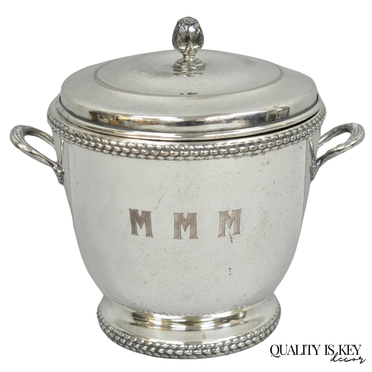 Vintage Art Deco Modern Silver Plated Lidded Bar Ice Bucket w/ "MMM" Monogram