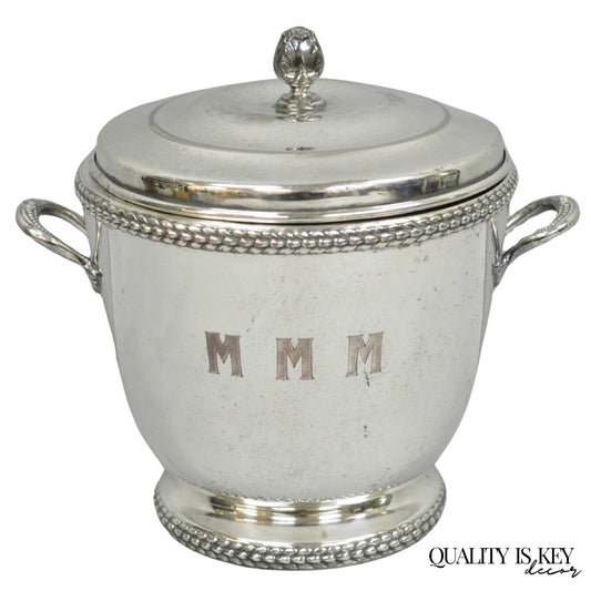 Vintage Art Deco Modern Silver Plated Lidded Bar Ice Bucket w/ "MMM" Monogram