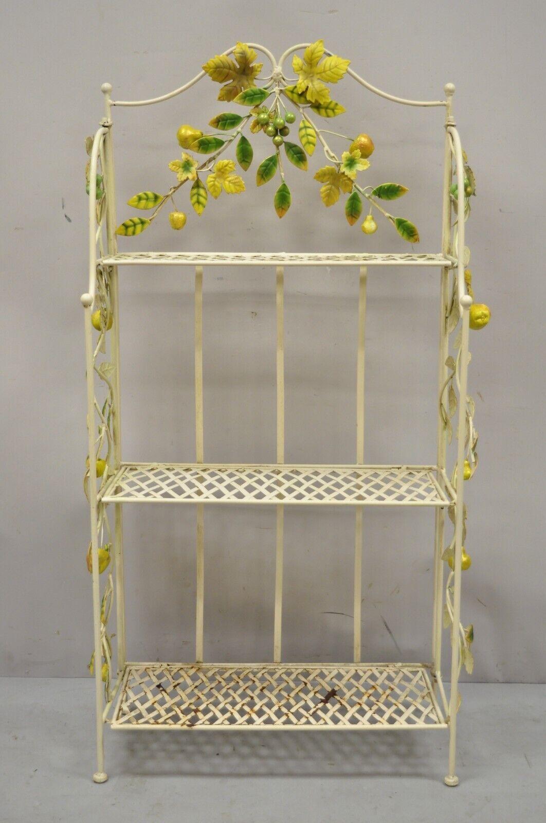 Vintage Italian Hollywood Regency Iron Tole Metal Yellow Lemon Shelf Stand